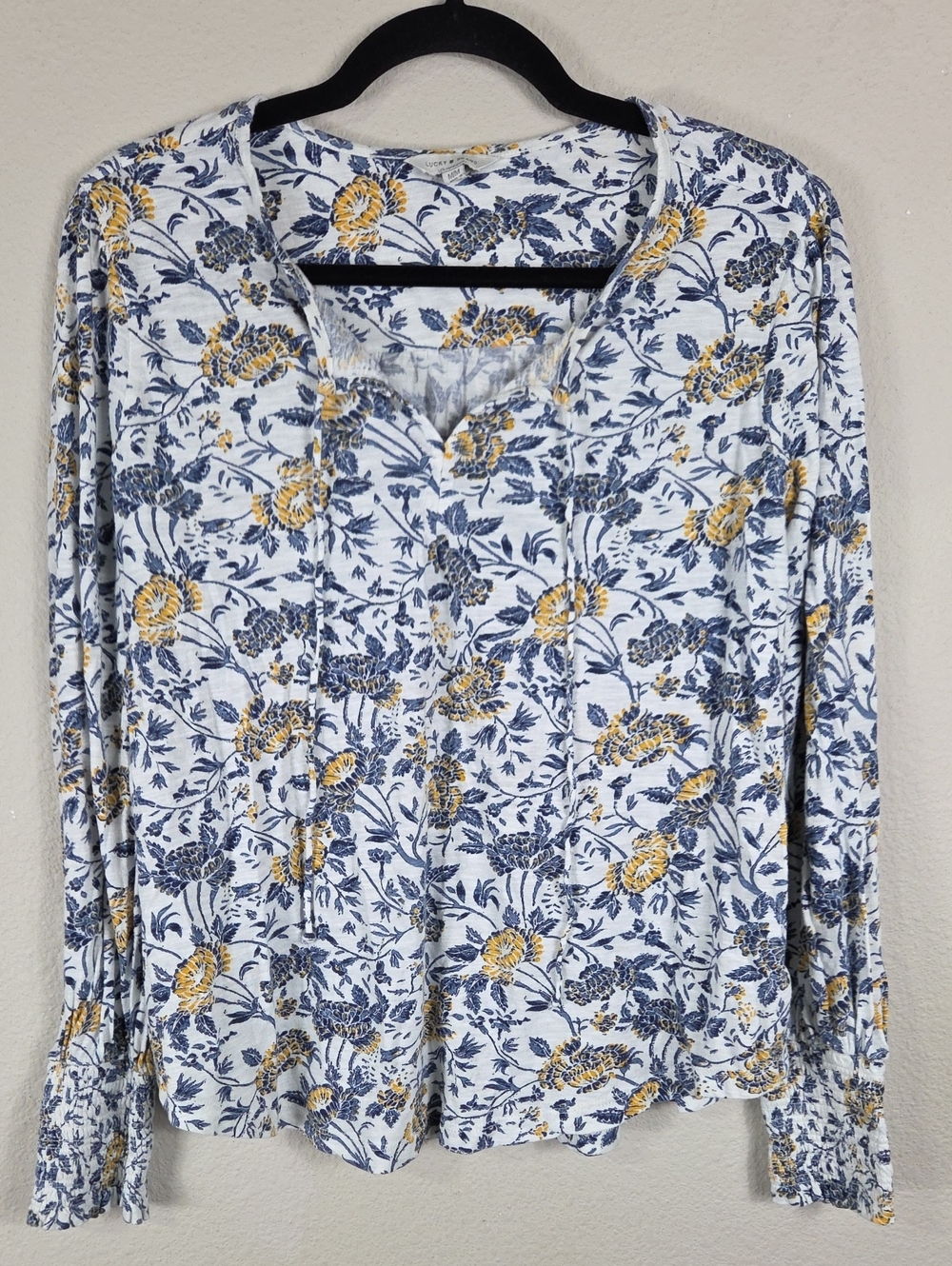 Lucky Brand Blouse Womens Medium Floral Print V Neck Tie Long Sleeve Boho